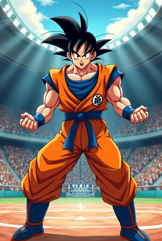Draw Son Goku in his wrestling attire in the style of the manga Dragon Ball while competing in the Olympics..