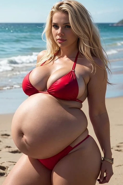 american woman, wavy blonde hair, is wearing a red bikini and a white crop top, and is pregnant, big belly, full stomach, and has a large bust, and wide hips, she is on the beach.