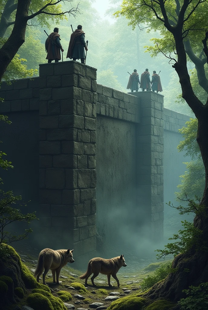 huge wall in the middle of a forest separating men from wolves.