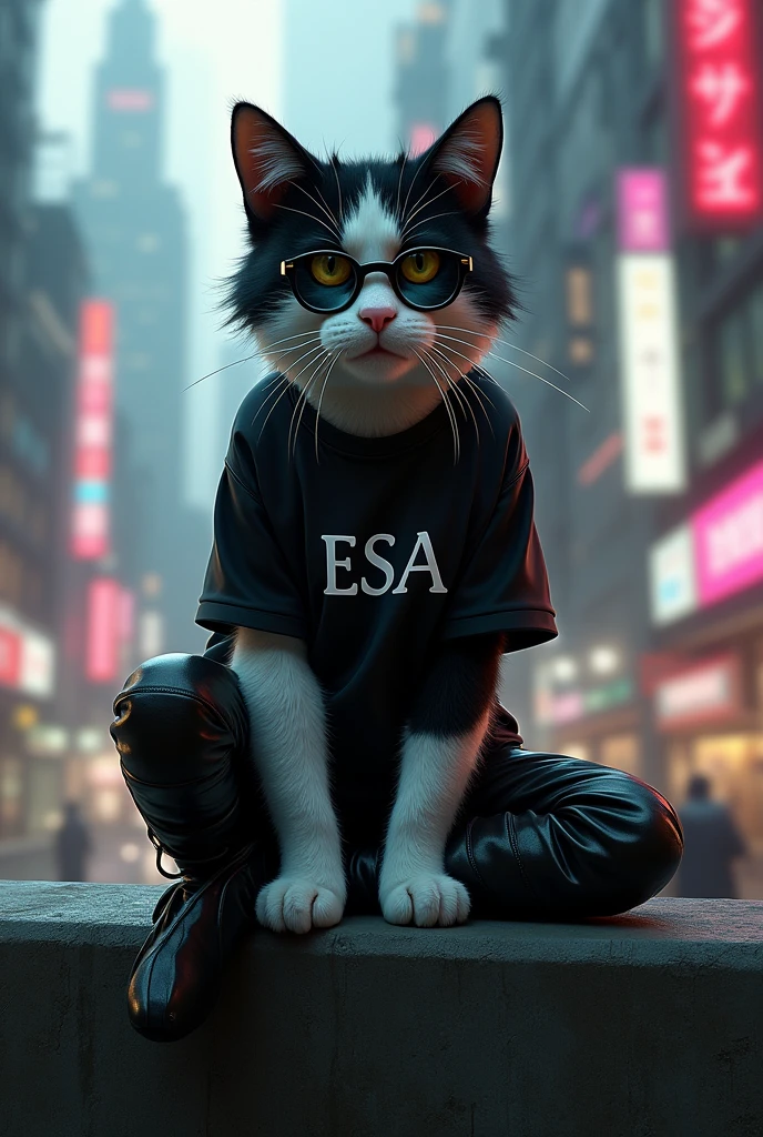 anthropomorphic black and white male cat with soft and fluffy fur & rocker style black glasses, Sitting on the concrete wall in cyberpunk city, write 'eSa' on his black shirt and leather pants and boots, cinematic color grading, dramatic lighting.