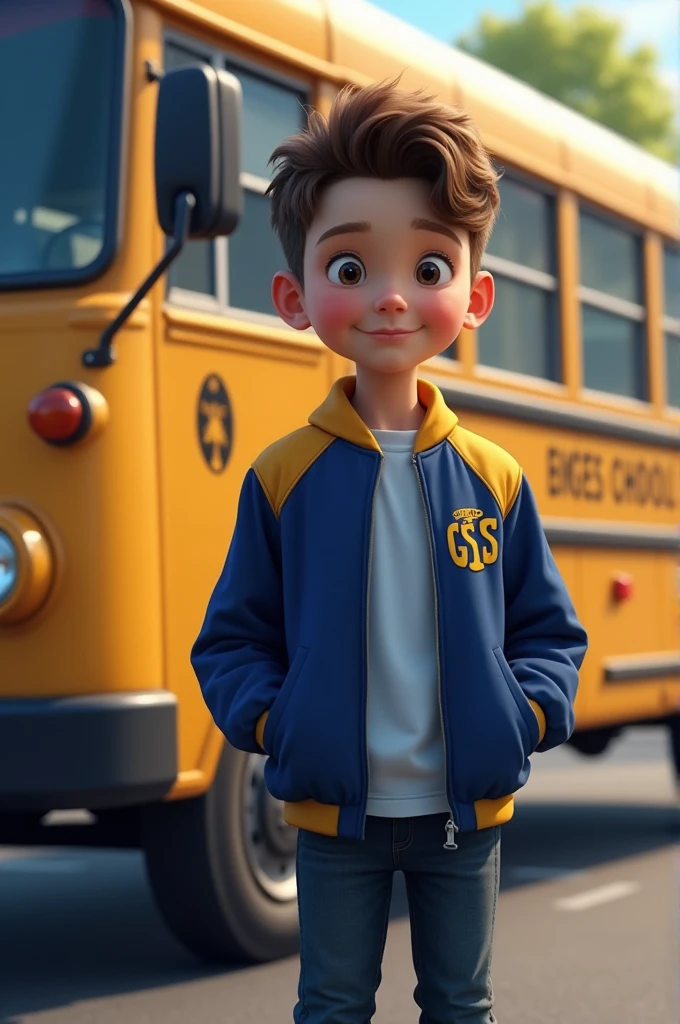 a boy wearing a blue and gold jacket,standing beside a school bus with the name gss in french italic font