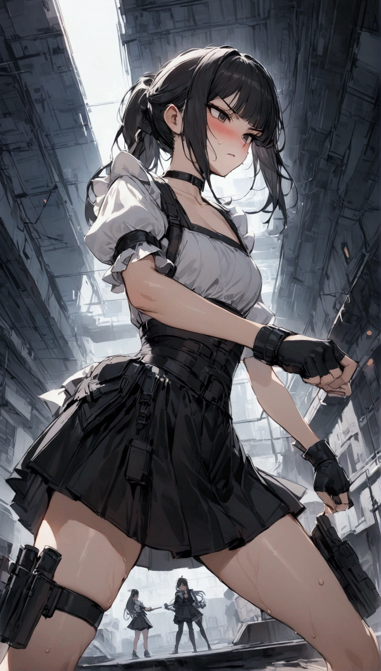 from side,cowboy shot,1girl solo,Female fighter ,maid outfit, collarbone, {{white puff sleeves:1.4}}, {{White short-sleeved puff-sleeved blouse:1.6}},,{{White frilled apron:1.6}},black shoulder straps, black corset, black flared skirt, blunt bangs, black choker. Dynamic composition,dutch angle,fighting stance,{{fight}},{{masterpiece}}, {{{Highest quality}}},{{Very detailed}},holster　,Fight,,{{v-shaped eyebrows}},Bad mood,blush,Sweat,raise one's eyebrows　,Black hair Long hair,Blunt bangs　,cyberpunk　,Black fingerless gloves　,ponytail,Training area,Indoor
