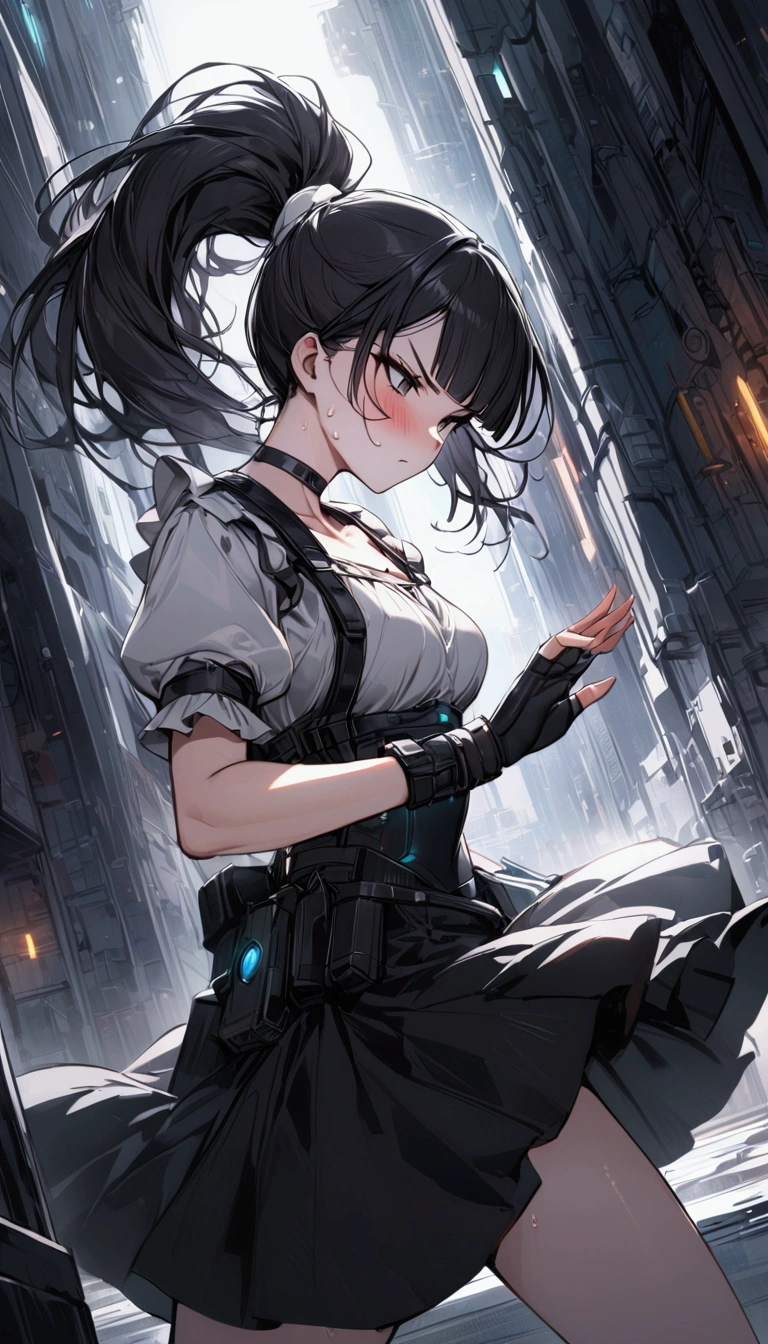 from side,cowboy shot,1girl solo,Female fighter ,maid outfit, collarbone, {{white puff sleeves:1.4}}, {{White short-sleeved puff-sleeved blouse:1.6}},,{{White frilled apron:1.6}},black shoulder straps, black corset, black flared skirt, blunt bangs, black choker. Dynamic composition,dutch angle,fighting stance,{{fight}},{{masterpiece}}, {{{Highest quality}}},{{Very detailed}},holster ,Fight,,{{v-shaped eyebrows}},Bad mood,blush,Sweat,raise one's eyebrows ,Black hair Long hair,Blunt bangs ,cyberpunk ,Black fingerless gloves ,ponytail,Training area,Indoor