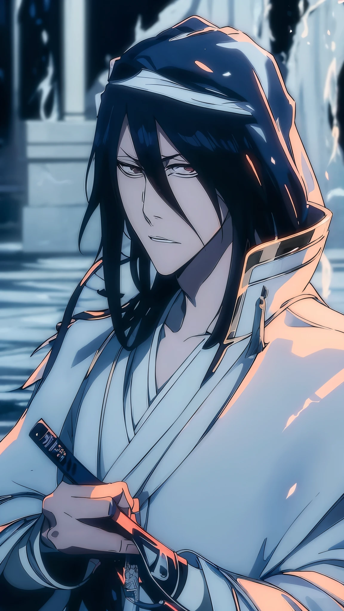 Byakuya Kuchiki from Bleach, handsome, male, black hair, medium-long hair, veil on head(kufiya), black clothes, pale skin, ((best quality)), ((master part)), ((detailed)), 16k, HDR, RTX, (masterpiece, aesthetic: 1.3), (1 man), perfect hands, (dynamic pose:1.2), close-up, portrait.