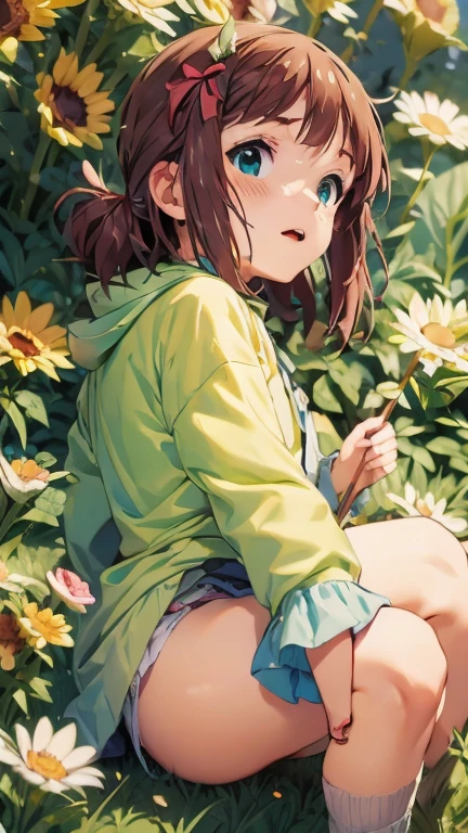 Highest quality, Ultra-detailed, ,((blush)),((((Backwards)))),Stick your butt out、A single chrysanthemum flower blooms on my butt、A stick is stuck in a chrysanthemum flower