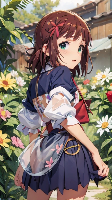 Highest quality, Ultra-detailed, ,((blush)),((((Backwards)))),Stick your butt out、A single chrysanthemum flower blooms on my butt、A stick is stuck in a chrysanthemum flower