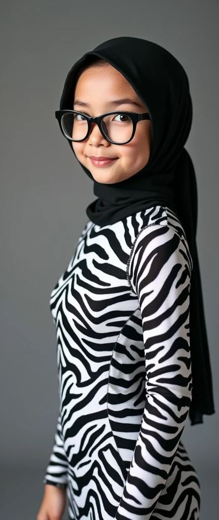 The beautiful Asian muslimah adult girl wearing a pair of glasses with beautiful cheeks wears zebra print full lycra dancewear turtleneck unitard catsuit with zebra print lycra elastane dancewear hijab.