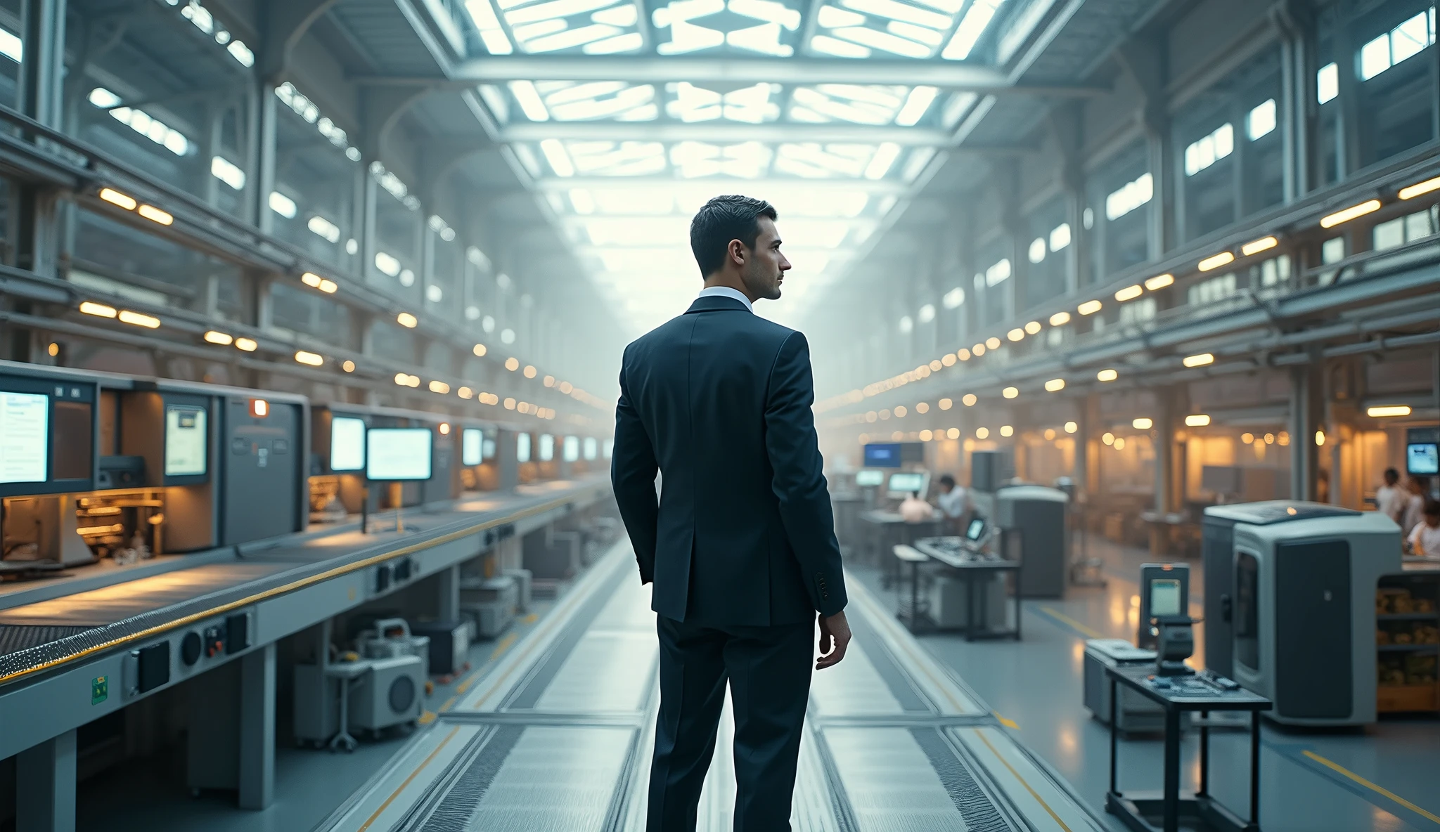 Create a hyper-realistic and mysterious image of a modern production line in a factory, where automated machines and skilled workers are collaborating in perfect harmony to create high-quality products. A manager, dressed in a modern suit, is observing the operation from an elevated platform, with an expression of satisfaction and focus. The factory must be lit by white lights, but with soft golden lighting focused on the manager, symbolizing the crucial role of intelligent oversight and strategic work in creating sustainable success.