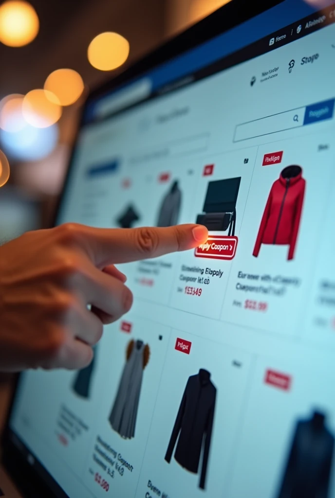 Close-up of a hand clicking the “Apply Coupon” button in an online shopping cart, highlighting the discount applied. The screen can show popular products, like electronics or fashion.