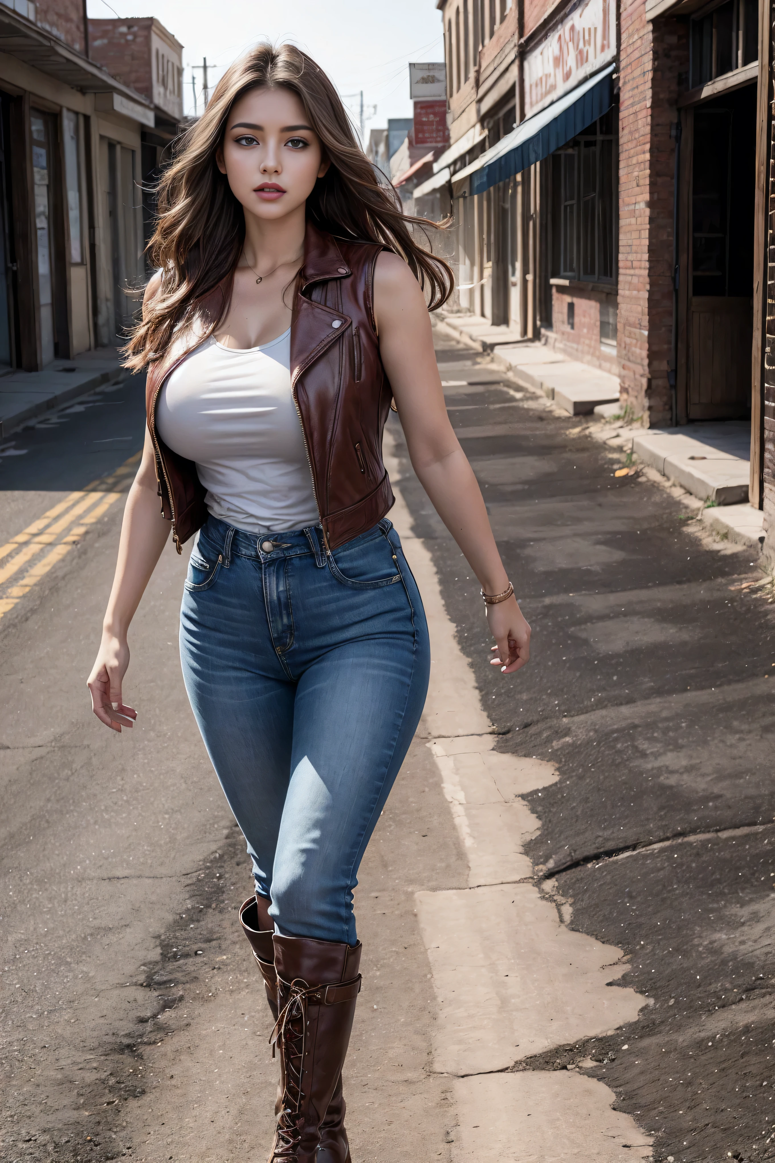 Woman wearing denim clothing, circa 1880s, Brown long straight hair, Brown eyes, High arched eyebrows, Slender and graceful neck, Red lips, Large Breasts, Brown Leather Leggings, Sleeveless Brown Leather Vest, Leather Boots, Walking on the dusty sandy streets of a deserted North American town，The wind blew through her hair, Practical, photoPractical, photoPractical, Fear, Dark atmosphere and dramatic lighting, Dark Red, Foggy environment, Detailed facial expressions, Thick fog