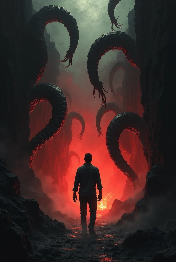 The silhouette of a man being dragged by shadowy and sinister tentacles towards a fiery pit, resembling hell. scary and horror scene.