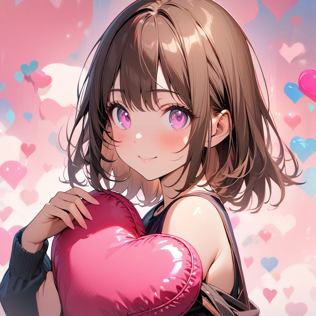 1 girl,solo,Upper body,ultra-detailed face,detailed eyes,pink eyes,Captivating Eye Reflections,Meticulous Eyelash Details,short hair,straight hair,Glossy brown hair,off shoulder,holding a heart-shaped cushionfrom side,smile,(pink fluttering-heart background),highly detailed illustration,masterpiece,8K,top quality