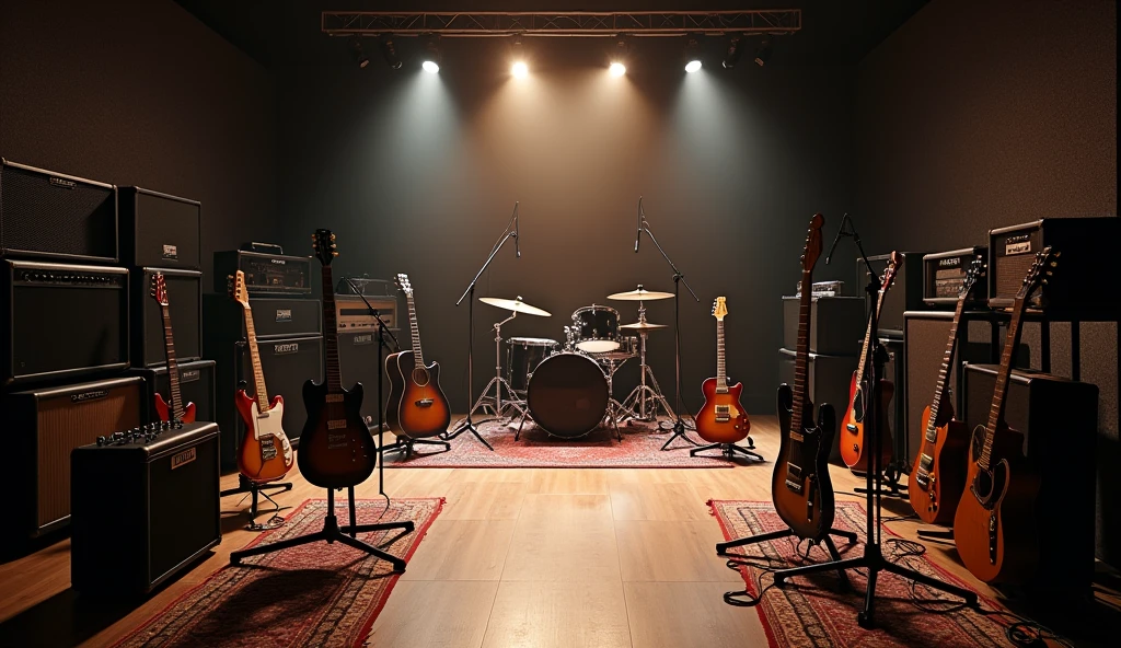 A rehearsal studio filled with guitar amps, Mike stand, drum, Guitar and Bass,Dim lighting,(((Nobody is here)))