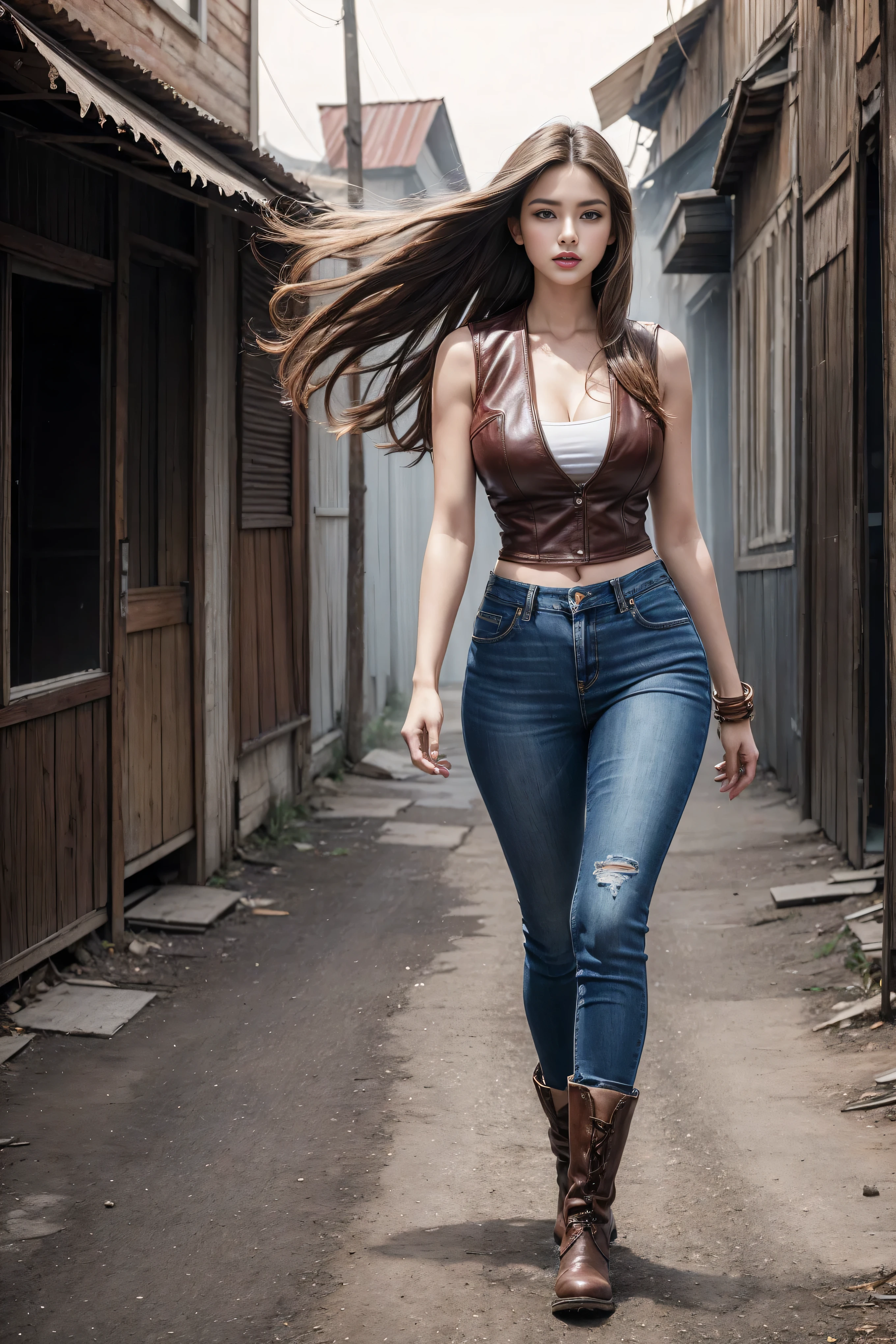 Woman wearing denim clothing, circa 1880s, Brown long straight hair, Brown eyes, High arched eyebrows, Slender and graceful neck, Red lips, Large , Brown Leather Leggings, Sleeveless Brown Leather Vest, Leather Boots, Walking on the dusty sandy streets of a deserted North American town,The wind blew through her hair, Practical, photoPractical, photoPractical, Fear, Dark atmosphere and dramatic lighting, Dark Red, Foggy environment, Detailed facial expressions, Thick fog