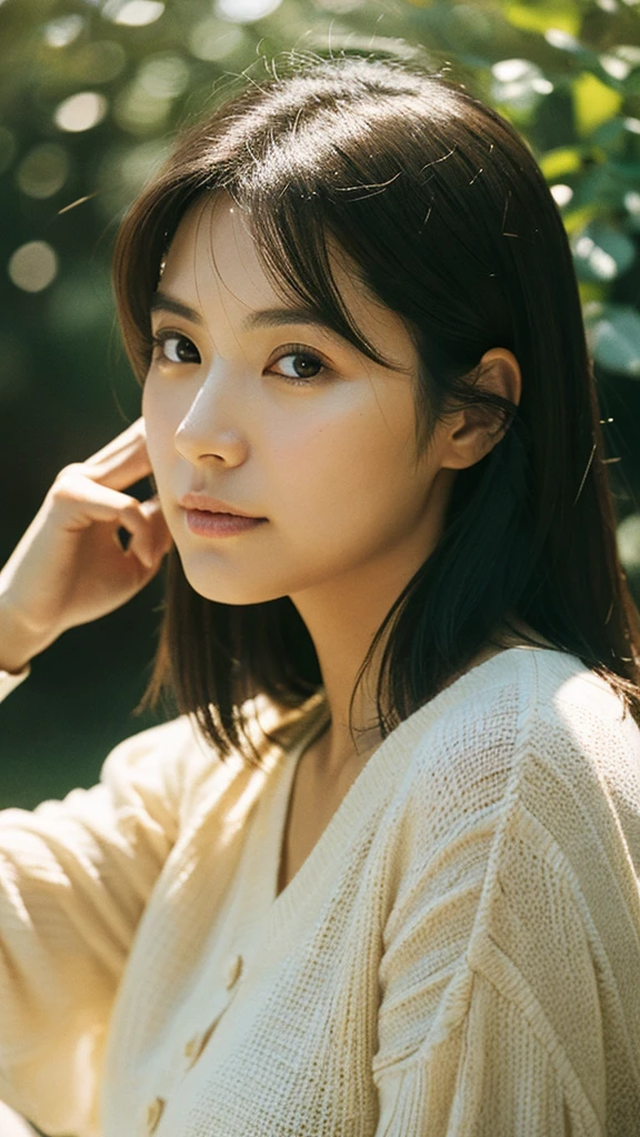 A hyper-realistic image of a single Japanese woman in her early 20s, captured with the nostalgic warmth and subtle graininess of a film camera. Her skin has a warm beige tone with a natural, slightly rough texture that includes visible pores, fine lines, and subtle imperfections such as small blemishes, adding to the authenticity of her appearance. The soft, diffused natural light enhances the film-like quality, casting gentle shadows that create a timeless, organic feel. Her straight, glossy black hair frames her face in a natural, slightly tousled manner, and her deep brown eyes reflect the ambient light, adding depth and emotion. The film camera effect introduces a slight grain and a softer focus, giving the image a warm, nostalgic atmosphere while maintaining the realistic texture of her skin. She is dressed simply, in a way that complements her natural beauty, with the overall composition designed to evoke a sense of genuine, understated elegance. The use of natural light, combined with the deliberately rougher texture of her skin and the film-like qualities, ensures that this image captures the imperfections that make her beauty truly lifelike, focusing solely on this one individual.