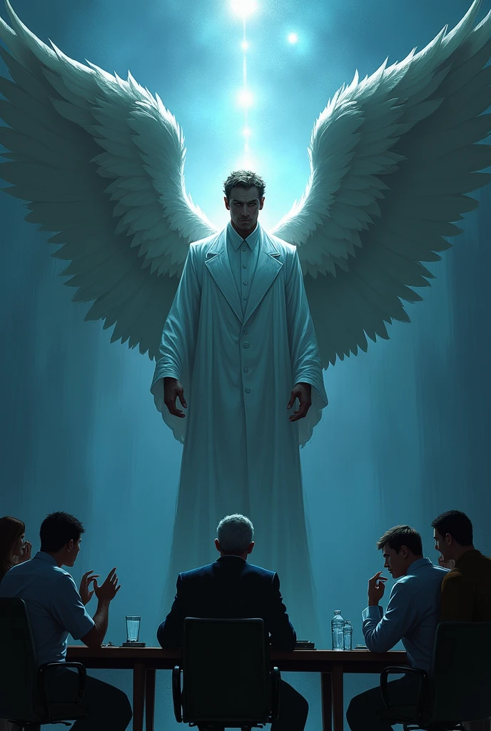 Create a strong angel protecting a man from conflicts in the office, with coworkers gossiping about him. Use blue and dark colors.