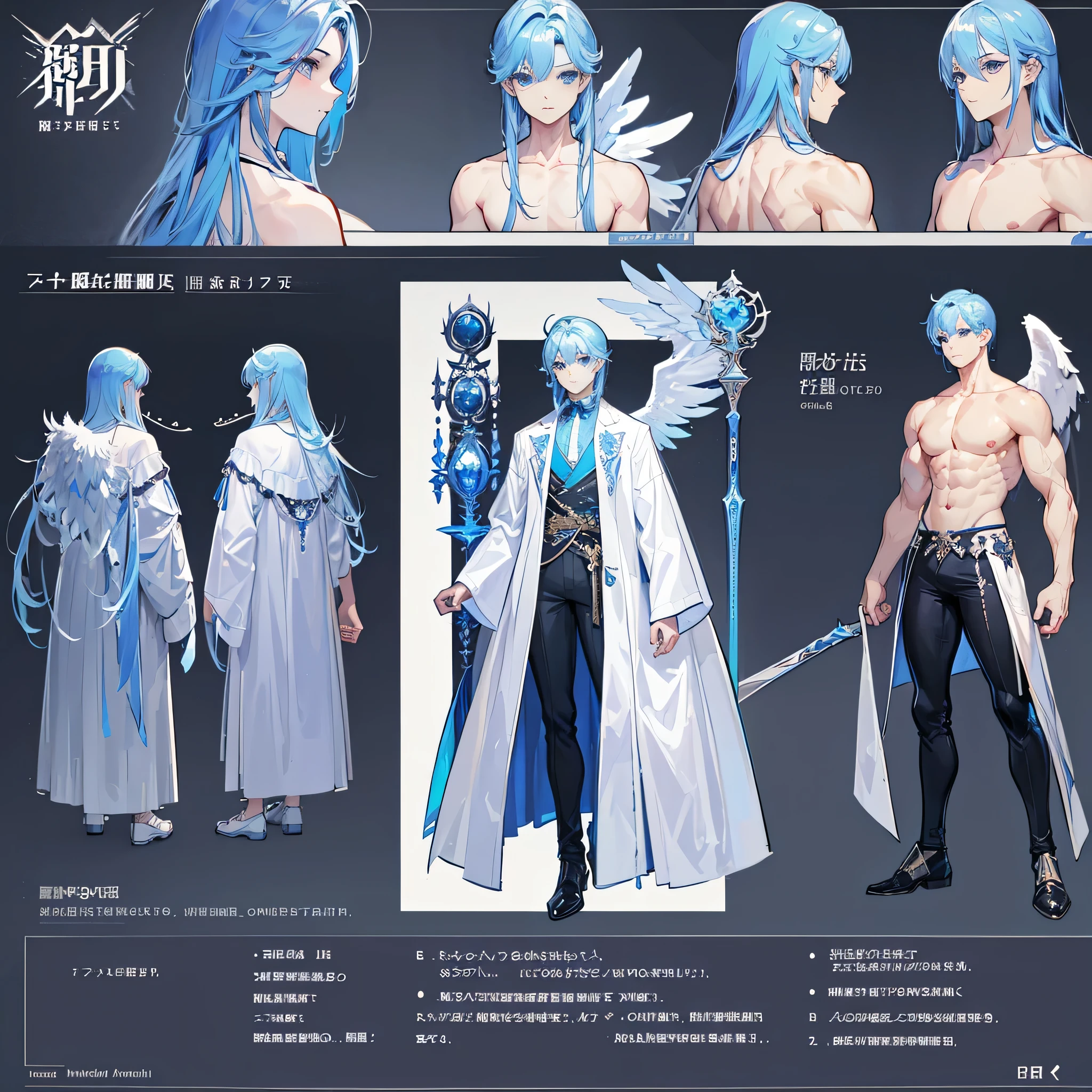 (Masterpiece, best quality), detailed, 1 man, ((character concept art)), ((character design sheet, same character, front, side, back)), full body, body complete, 1 Male angel, 1 Man angel, Detailed face, character design sheet，full bodyesbian, Highly detailed, character sheet, character design, Many parts, dark skin, angel wings, long blue hair, angel outfit, muscle male god, male clothes, masculine, muscle man, male muscle, manly, male angel, Muscle male with long blue hair，beautiful man, beautiful muscle man