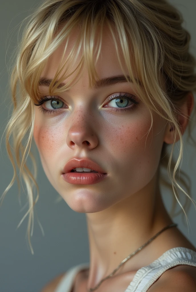 bellissima, 1girl, solo, looking at viewer, short hair, bangs, yellow hair, simple background, parted lips, teeth, grey background, mole, lips, eyelashes, messy hair, portrait, mole under mouth, freckles, realistic, nose