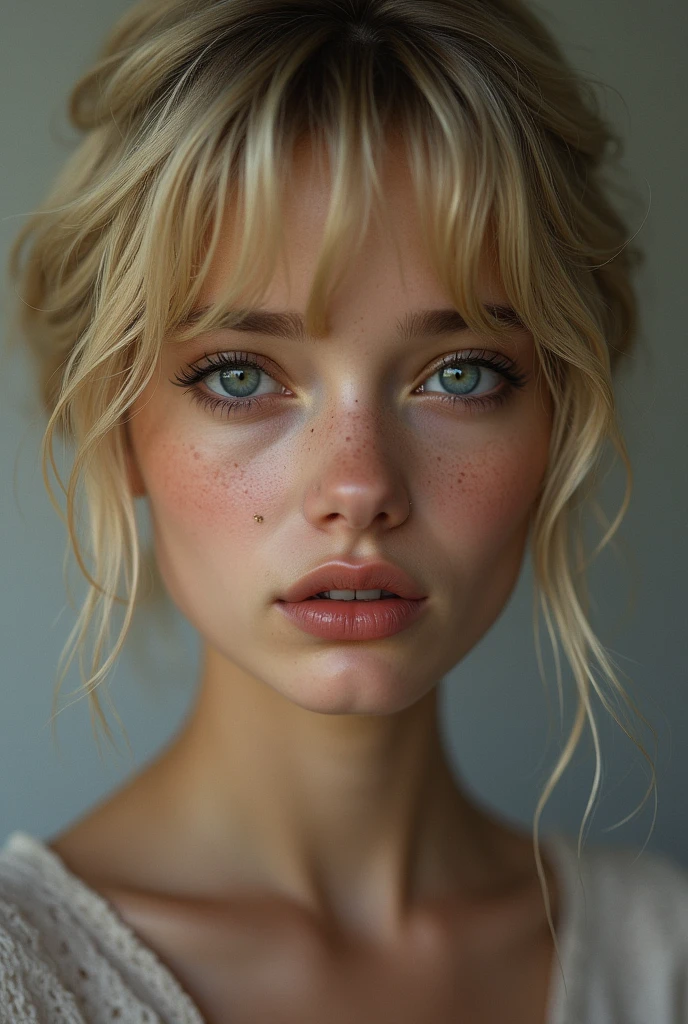 bellissima, 1girl, solo, looking at viewer, short hair, bangs, yellow hair, simple background, parted lips, teeth, grey background, mole, lips, eyelashes, messy hair, portrait, mole under mouth, freckles, realistic, nose
