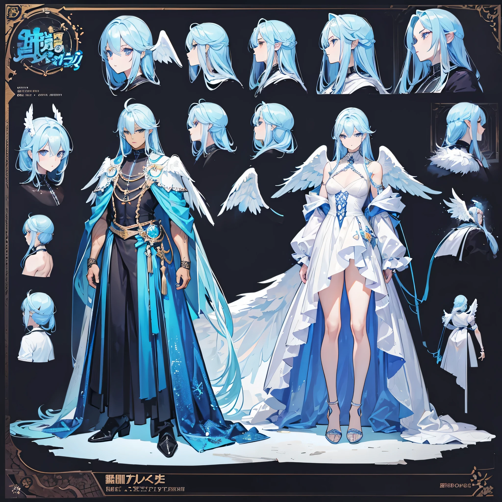 (Masterpiece, best quality), detailed, 1 man, ((character concept art)), ((character design sheet, same character, front, side, back)), full body, body complete, 1 Male angel, 1 Man angel, Detailed face, character design sheet,full bodyesbian, Highly detailed, character sheet, character design, Many parts, dark skin, angel wings, long blue hair, angel outfit, muscle male god, male clothes, masculine, muscle man, male muscle, manly, male angel, Muscle male with long blue hair,beautiful man, beautiful muscle man