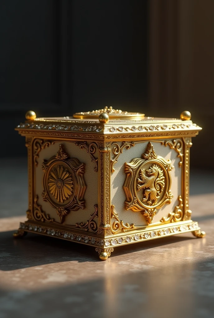 4K PhotoRealism, Golden jewels, small gold and diamond box with the coat of arms of House Hightower and Dondarrion 