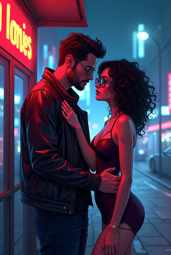 cartoon style more cyberpunk Man and woman in hot erotic scene, are at the bus stop, both dresses, man with a normal body without muscle definition, overweight woman, glasses and short curly hair, in half light, pop art, neo noir, comic