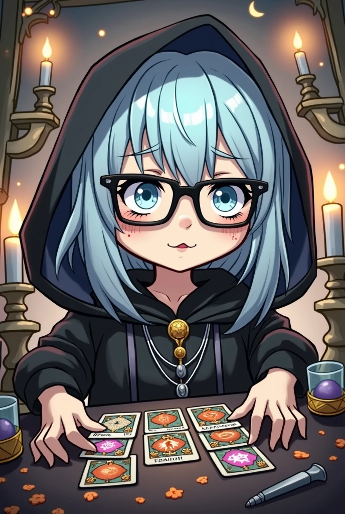Tarot Cards,fortune teller,Mysterious Room、Black-rimmed glasses,nail,Mysterious smile