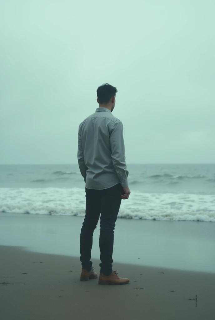 Beach view with a man seen from behind with a tense beach atmosphere