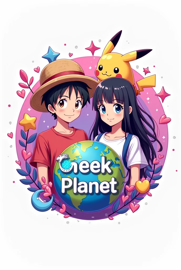 logo con un 🌎 en la parte de hasta atrás combinado con estrella, heart and crescent moon in pink and purple colors, two anime figures a boy with wavy hair and a girl with straight black hair, T-shirts and/or Pikachu ears or with Luffy's hat from One Piece and with the name Geek Planet in the middle (with vivid colors the whole image) with white background