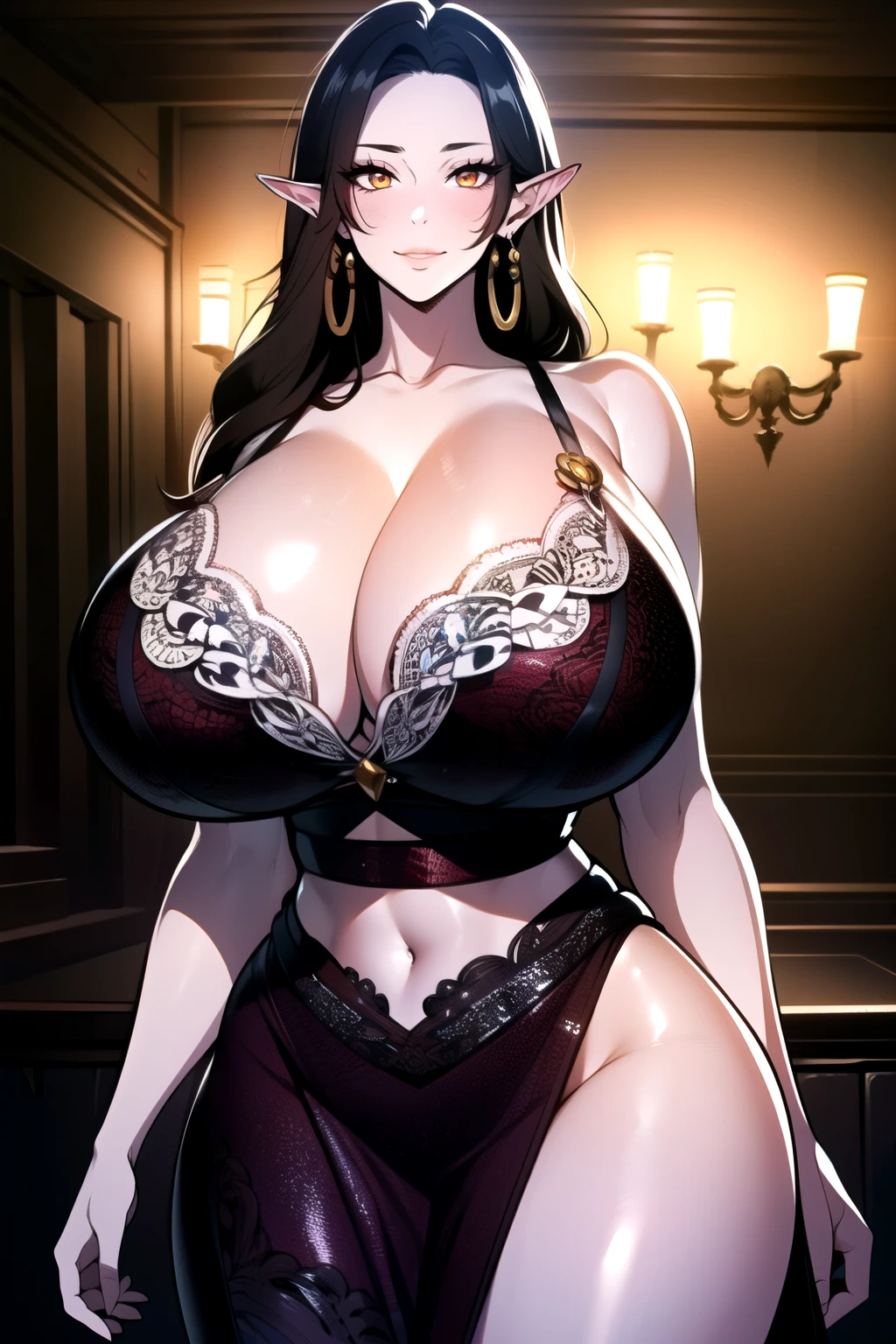 ultra realistic 8k cg, masterpiece, ((ultra detailed background, intricate detail, highly detailed, fine details best quality, hyperdetailed face)), gigantic breasts ,beautiful lighting, absurdres, BoaHancockV2, 1girl, solo, black hair, long hair, jewelry, closed mouth, ), cleavage, minidress, bare shoulders, curvy, midriff, curvy, thighs, shiny clothes), orange eyes, complex detailed background, indoor, palace), ((cowboy shot)), curvy, (gigantic breasts: 1.4), seductive smile, cowboy shot,, earrings, jewelry, elf ears