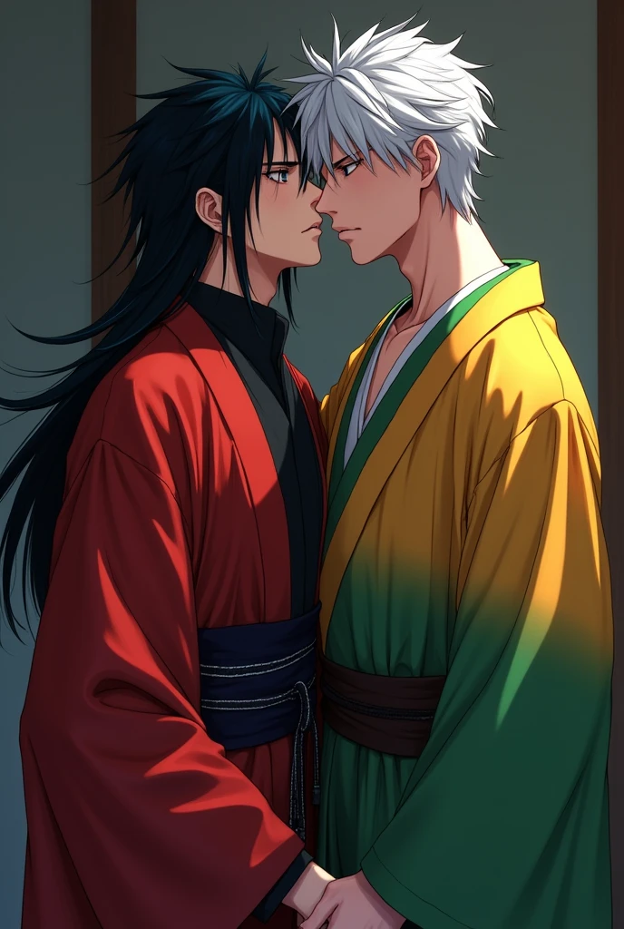 Serious 21 year old man with long black spiky hair wearing a black uniform and a kimono on the left side is red and on the right is yellow and green deep blue eyes sucking the penis of a 21 year old man with white hair tall muscular and with a stressed personality