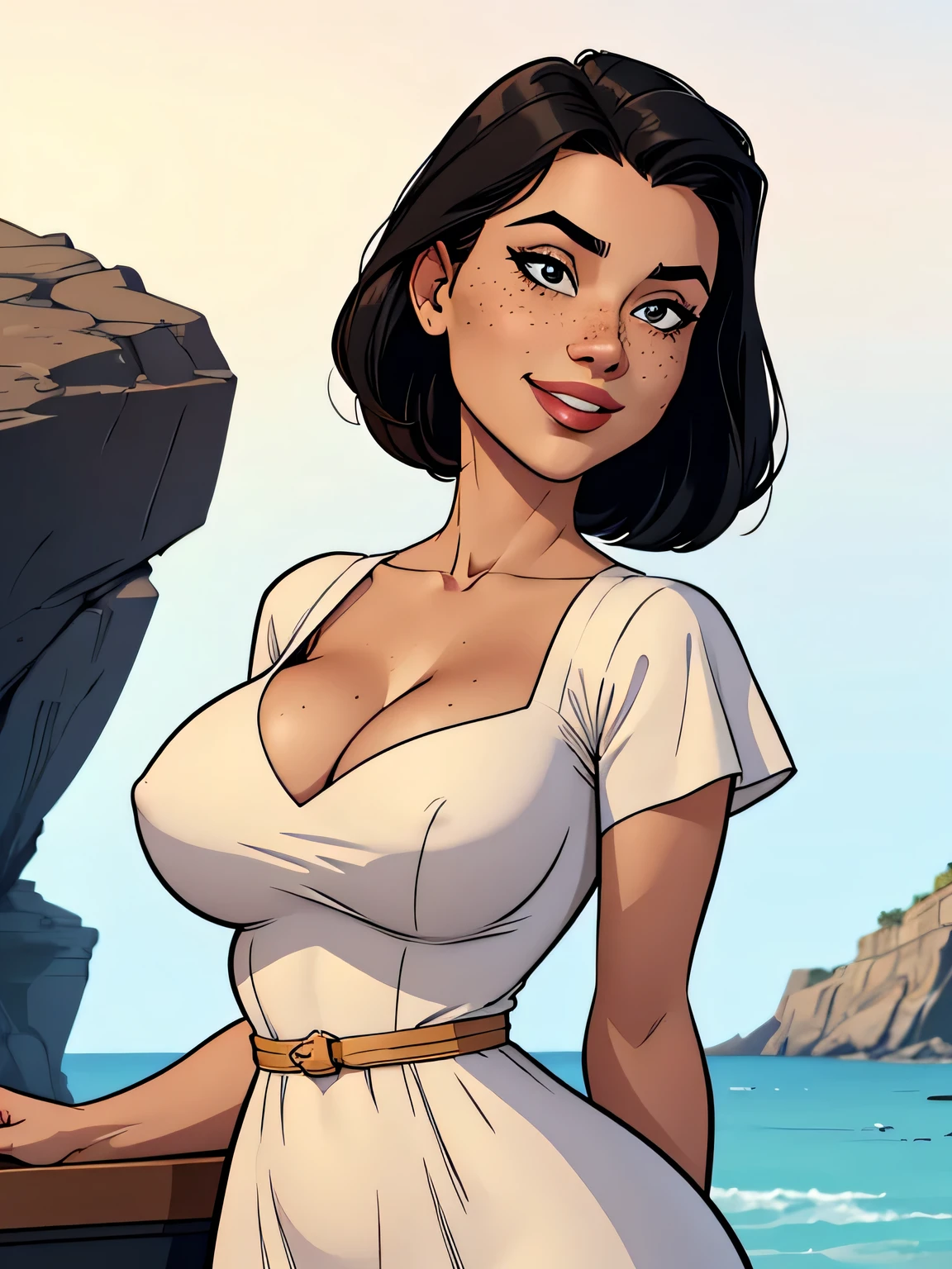 Thin woman, age 25, 4K (High definition), beautiful smiling, seducing gaze, eyes browns, wearing a beige dress (with a white band from the neckline width to the edge of the dress) with a boat neck and short sleeves, arms positioned at the side of the body, Caucasian skin, straight black hair down to shoulder length, standing (upper body), full of curves with freckles across her chest and neck, natural round breasts. Marvel style high quality, white background.