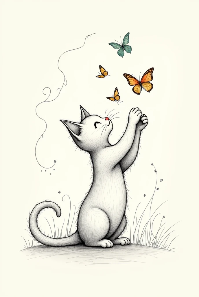 drawing cat playing with butterflies, fancy, magical details, with MYSTIC lines, unusual, offwhite, uncolored, monochrome,  wavey lines, realistic line art drawing, coloring book page , thick, crisp lines, sketch art, centred image,