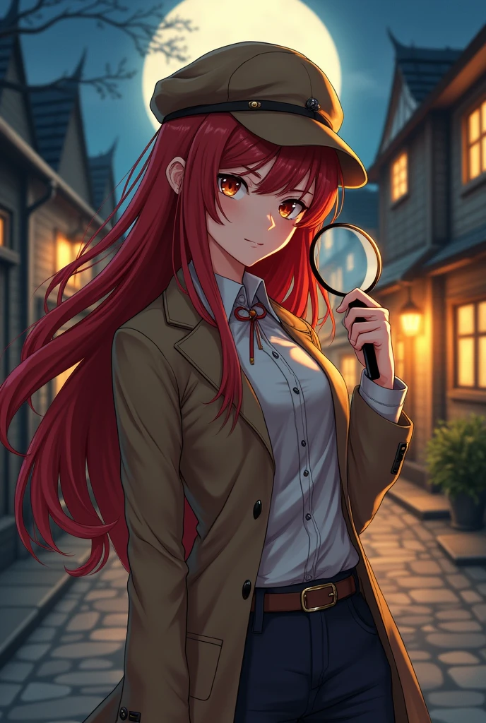 anime girl character, dressed in detective clothes, long red hair, relaxed pose, with a magnifying glass in hand, in the background a village, at night, Realistic and intricate details, warm colors,