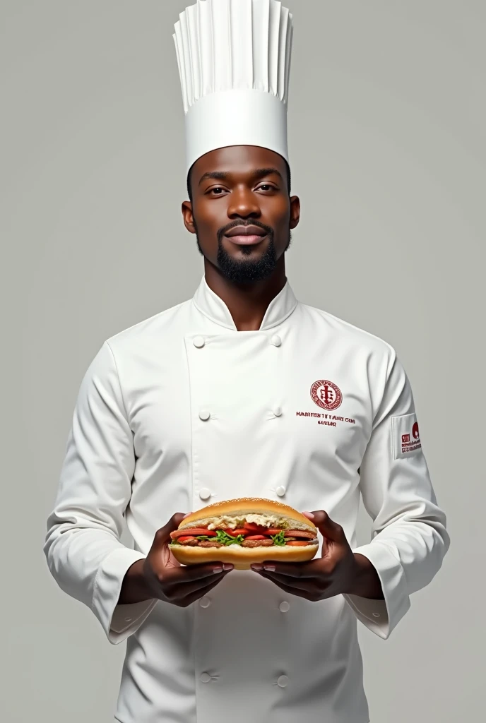 Tall, thin, black-skinned man with a goatee, in chef's clothing, with a cap and a sandwich in his hand, no pissing style
