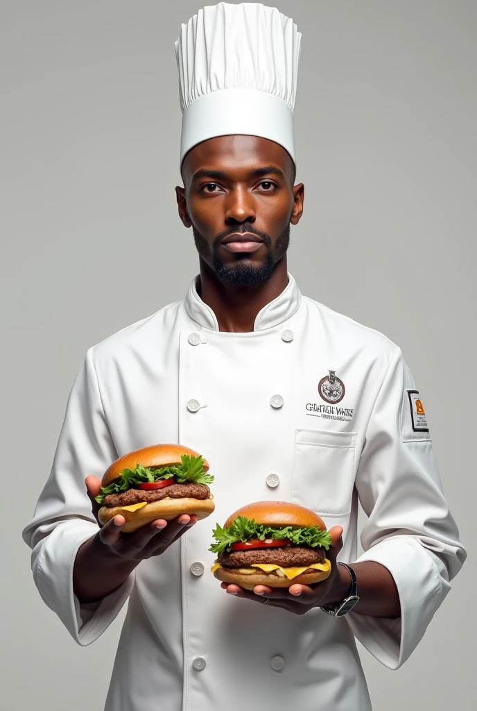 Tall, thin, black-skinned man with a goatee, in chef's clothing, with a cap and a sandwich in his hand, no pissing style
