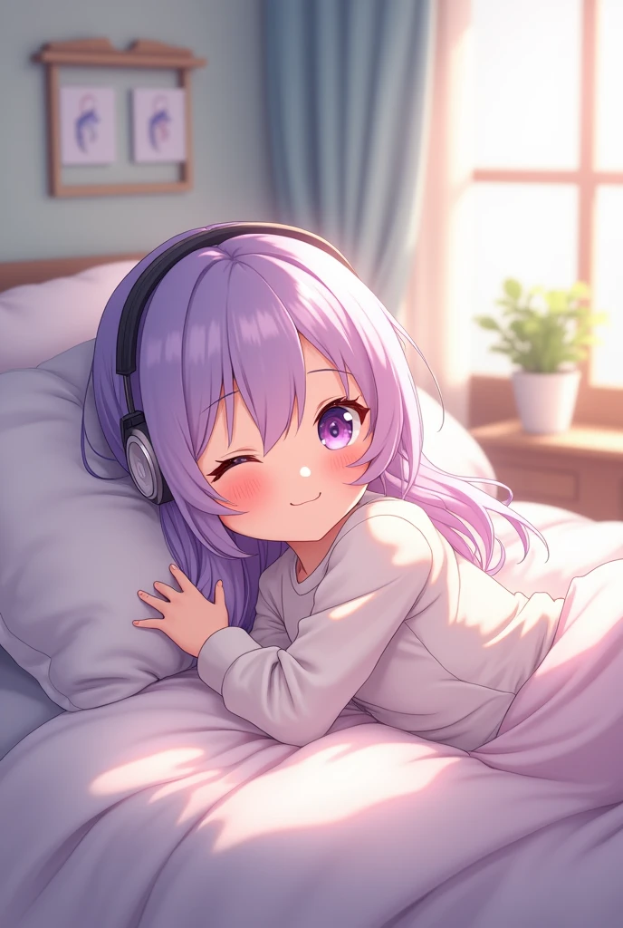 Cute anime girl smiling with pastel purple hair listening to music lying on her bed