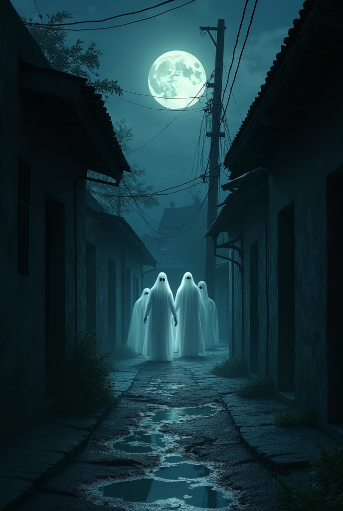 Une ruelle abandonnée où il fait nuit nous apercevons la lune le sol a quelques flaques d'eau de la veille nous apercevons des spectre blanc comme des fantômes dans la ville