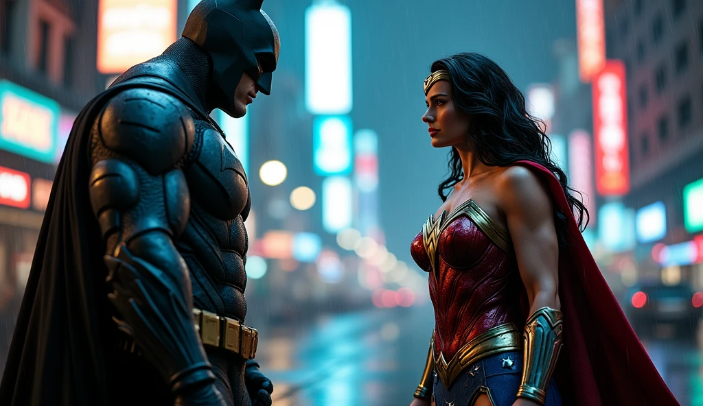 a cinematic full body shot of Wonder woman in a red and blue superhero suit, a Batman in a dark superhero suit, an epic fight in a rainy Gotham City at night, raindrops, puddles of water, high-detailed hero outfits, wet hair and skin, 4k, cinematic scene, 16:9 aspect ratio, hyper-realistic, masterpiece, cinematic lighting, dramatic action, dramatic pose, dramatic expression, dramatic weather, dramatic environment, dramatic storytelling, dramatic effects, neon city lights, heavy rain, dark and moody color palette, volumetric lighting, intricate details, photorealistic, impactful visual storytelling