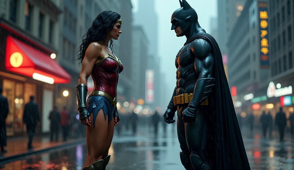 a cinematic full body shot of Wonder woman in a red and blue superhero suit, a Batman in a dark superhero suit, an epic fight in a rainy Gotham City at night, raindrops, puddles of water, high-detailed hero outfits, wet hair and skin, 4k, cinematic scene, 16:9 aspect ratio, hyper-realistic, masterpiece, cinematic lighting, dramatic action, dramatic pose, dramatic expression, dramatic weather, dramatic environment, dramatic storytelling, dramatic effects, neon city lights, heavy rain, dark and moody color palette, volumetric lighting, intricate details, photorealistic, impactful visual storytelling