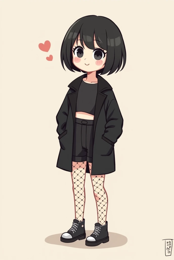 make a cute and minimalist cartoon illustration, of one with short black hair, short bangs, ela usa cropped preto, black apple watch on the arm, wears black coat, wears black shorts and fishnet stockings, make it cute