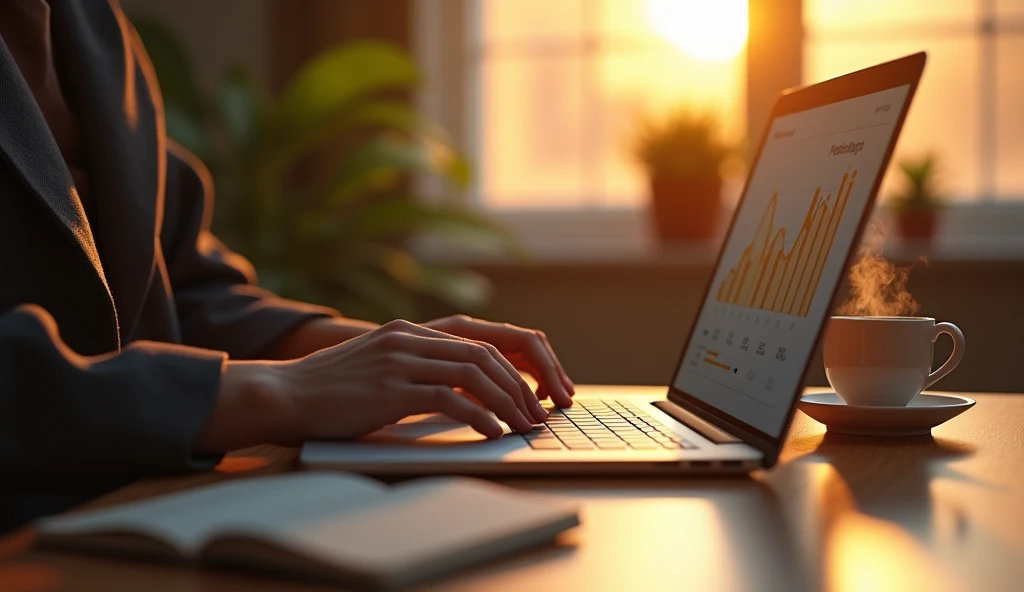 Create a hyper-realistic and mysterious image of an open laptop on a coffee table, where the screen shows a graph of progress on a strategic project. Ao lado do laptop, a cup of hot coffee with steam gently rising, and a hand that is typing with determination. The background should be softly blurred, with the golden light of dawn coming through the window, creating an atmosphere of morning focus and productivity. The scene should highlight the idea that working smartly and strategically, even in small moments, contributes to long-term success.