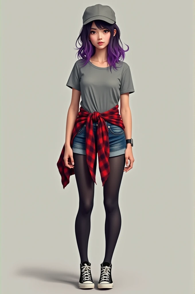 Generate an image Of a woman with a gray cap, with red flannel tied around her waist, gray shirt, short blue shorts, black tights, allstar sneakers, hair with purple spots, brown eyes, she is standing.