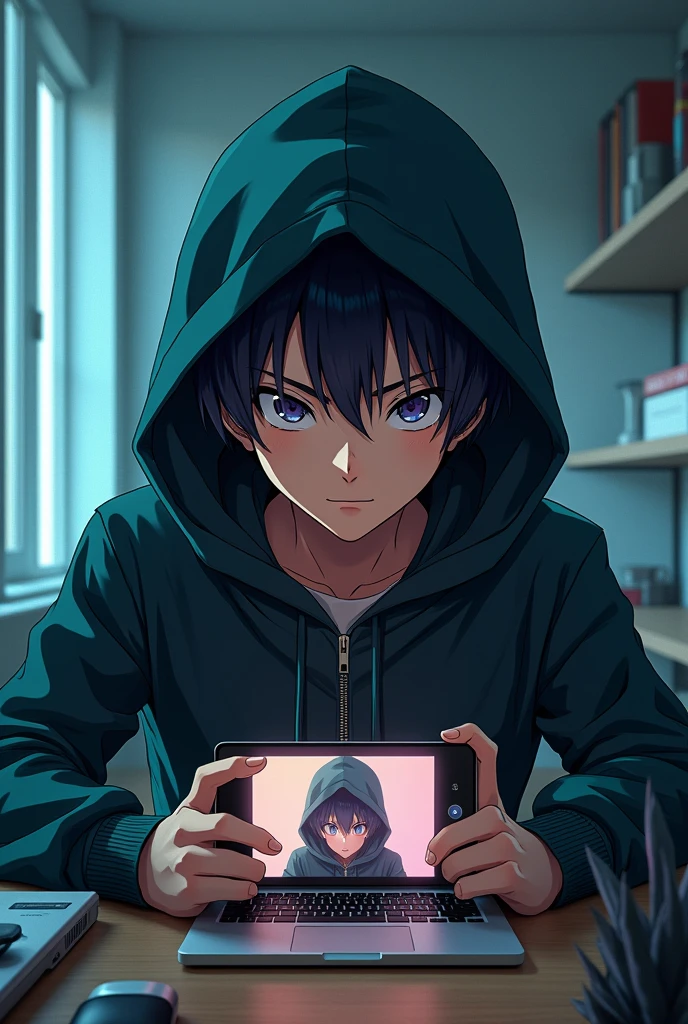 Anime like boy looking like an hacker using Linux or mac book background is like a hacker details are ultra clear must have front view also having an iphone 15 pro max on his table with screen on where his photo is the wallpaper and dynamic island is clear