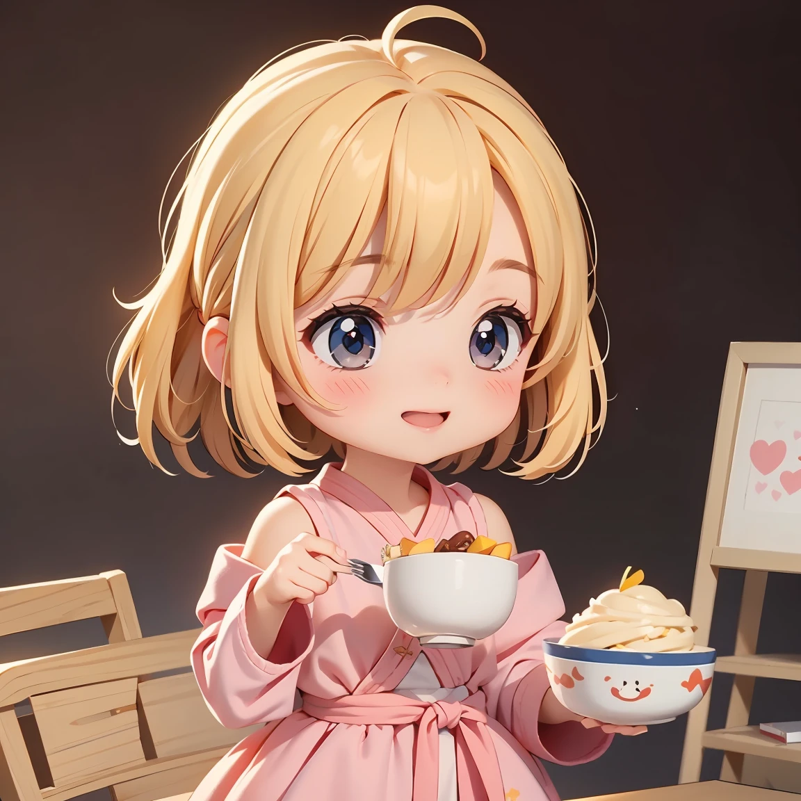 Super Chibi Character:1.8、Blonde Hair、Cute 7 year old girl、Cute Costumes、Super Chibi Character:1.8、Super Smile、smile、大きなHolding a fork、Holding a fork