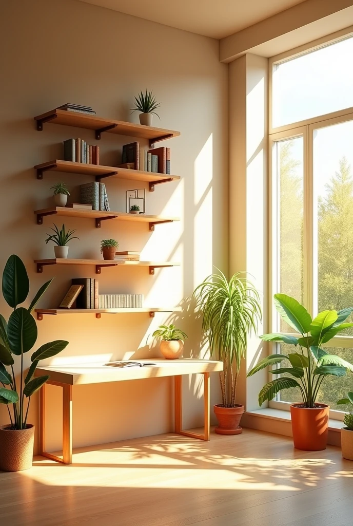 Wall with books, picture window, sunshine, modern design plant colors desk