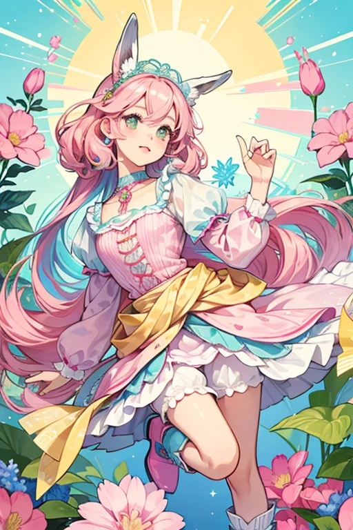 Lluella Llama has pale yellow skin with pink lips, tan eyebrows, a brown nose, and aquamarine eyes with pink eyeshadow. She has llama ears surrounded by long curly tan hair that reaches down to her hips. She has a llama tail attached to her back.
She wears a magenta top with a white V-neck line. She has an elaborate pattern of yellow, green, and light pink on the top with a blue line at the bottom with a white zig-zag line above it. She has a skirt with a jagged cut and a pink elastic band around the waist. The pattern is elaborate with lines of various patterns consisting of flowers, circles, and zig-zags in various colors.
Lluella wears light blue ankle boots with detailing on them and a headdress with red, yellow, and pink flowers around the ears. SPARKLE; GLITTER