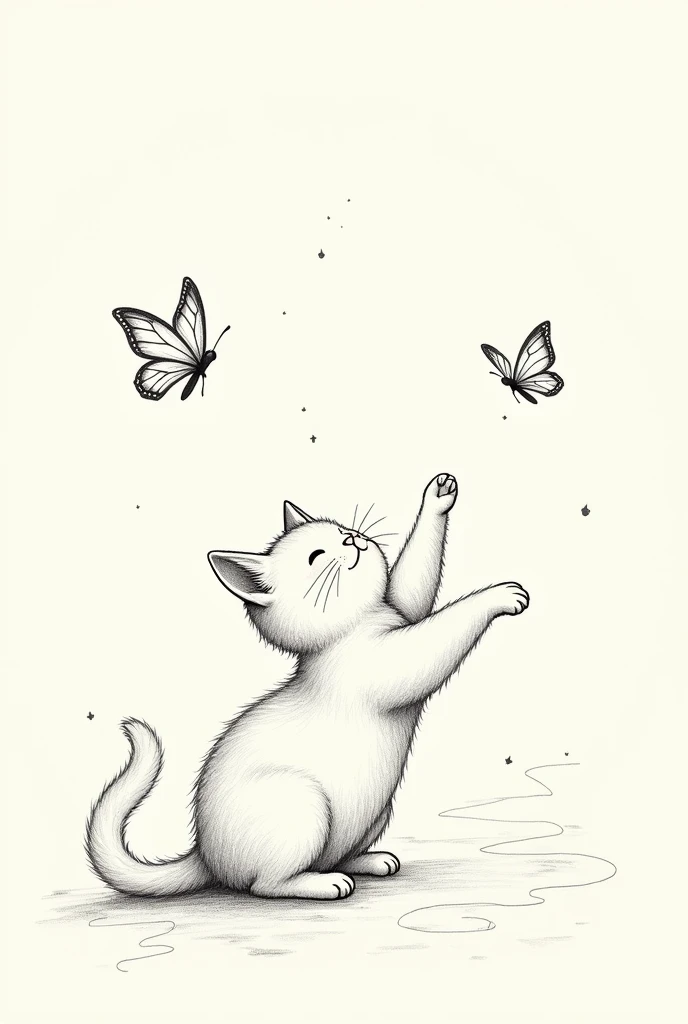 desenho gato brincando com borboletas monochrome, fancy, magical details, with MYSTIC lines, unusual, offwhite, uncolored, monochrome, wavey lines, realistic line art drawing, coloring book page , thick, crisp lines, sketch art, centred image,