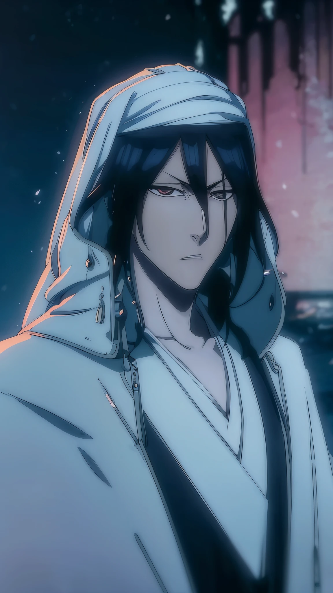 Byakuya Kuchiki from Bleach, handsome, male, black hair, medium-long hair, veil on head(kufiya), black clothes, pale skin, ((best quality)), ((master part)), ((detailed)), 16k, HDR, RTX, (masterpiece, aesthetic: 1.3), (1 man), perfect hands, (dynamic pose:1.2), close-up, portrait.