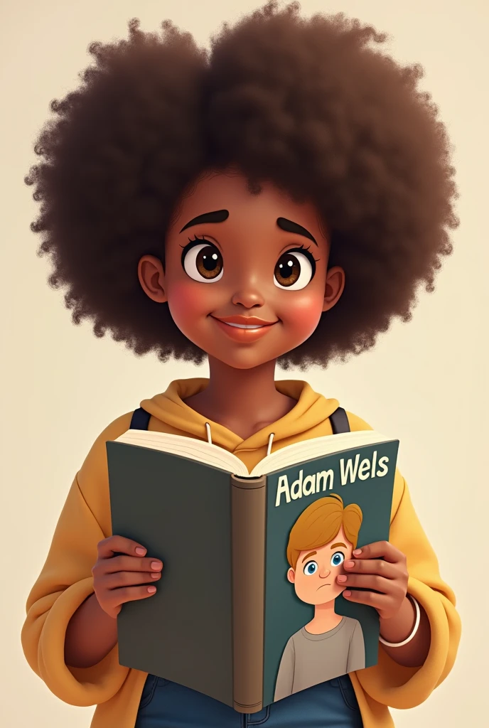 I want a profile icon for a page. I want the torso of a brunette teenage girl, chubby girl, chubby girl con una sonrisa, with a curly afro, and in his hands he holds an open book with on the cover a blond boy with blue eyes and a sad face and a title that says Adam Wels.